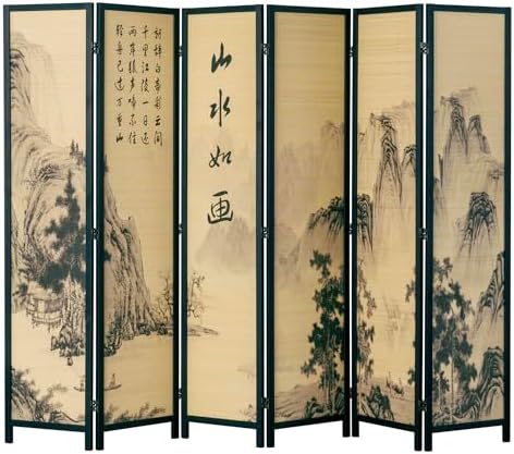 MyGift 6 Panel Room Divider with Bamboo Screen Chinese Calligraphy Design by MyGiftHome