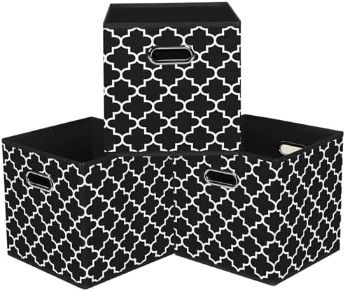 Black Foldable Storage Cubes Bins, Fabric Storage Box Cubes Organizer Baskets with Dual Handles for Home Organizer,Set of 3,(Black Light) by HEAYEEG