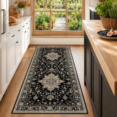 RELEANY Washable Area Rug, Runner 2'x6', Black/Neutral by RELEANY