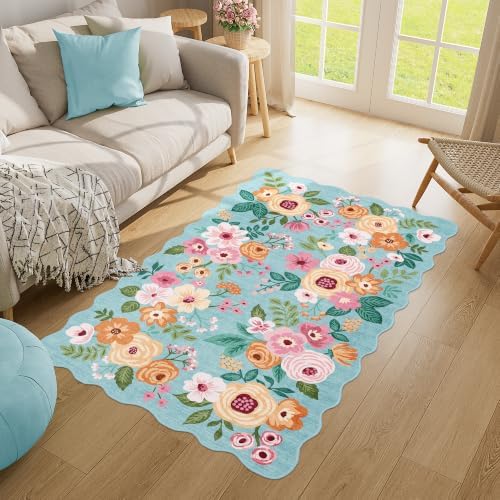 DUKINO 3x5 Area Rugs, Non Slip Floral Washable Rug for Bedroom, Teal - Image 3