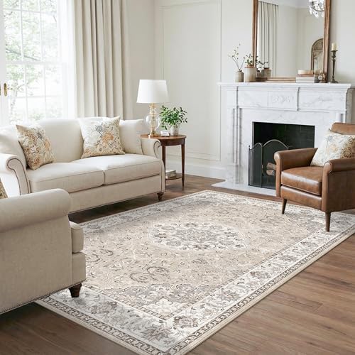 Washable 5x8 Living Room Area Rug: Vintage Water-Resistant Soft Rug for Bedroom Dining Room Non Slip Apartment Low Pile Carpet Thin Floor Mat for Dorm Home Office Printed Beside Rug(5x8，Beige) - Image 4