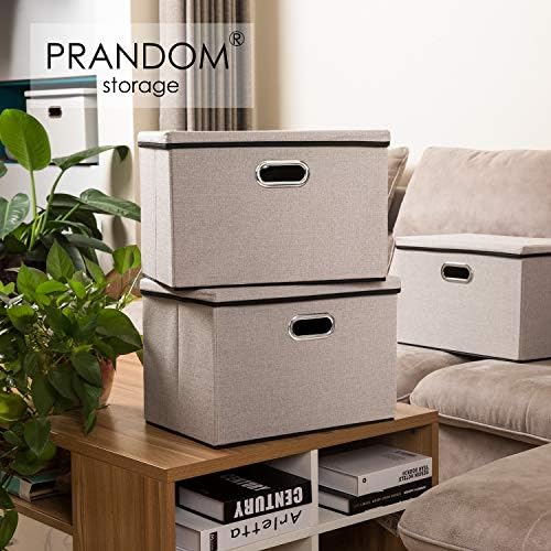 PRANDOM Large Foldable Storage Bin with Lid [1-Pack] Linen Fabric Decorative Storage Box Organizer Container Basket Cube with Handles Divider for Closet Office Living Room Light Grey(17.7x11.8x11.8) - Image 2