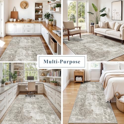 4x8 Washable Area Rug – Non-Slip Rubber Backed Indoor Rug for Entryway, Kitchen, Hallway | Modern Abstract Neutral Low Pile Thin Floor Mat for Bedroom, Living Room, Office (Beige/Grey) - Image 5