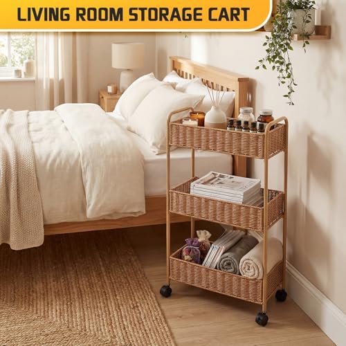 FOCHIER F Utility Slim Storage Cart,3-Tier Rolling Kitchen Office Laundry Room Cart,Mobile Shelving Unit Organizer for Living Room Bathroom Baby Diaper Narrow Places (Natural, 3 Tiers-7.1 inch (W)) - Image 2