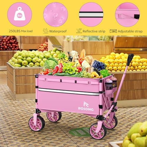 ROSONG Collapsible Wagon Cart with Wheels Foldable - Folding Utility Heavy Duty Wagons Carts for Grocery Sports Garden Shopping Camping Wheelbarrows (Pink, 120L) - Image 3