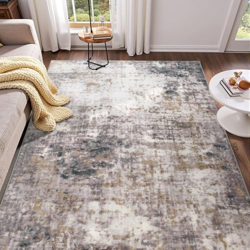 5x7 Area Rugs for Living Room, Machine Washable Rugs Modern Abstract Bedroom Rugs, Soft Non Slip Low Pile Stain Resistant Carpet for Bedroom Under Dining Table Nursery Decor, Grey Gold by Enqinar