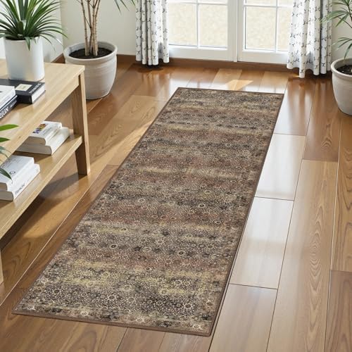 Washable Area Rug 2'6'' x 8' Vintage Traditional Persian Mat - Foldable Distressed Non-Slip Machine Washable Carpet for Living Room Bedroom Kitchen Home Decor - Umber and Slate by Unknown