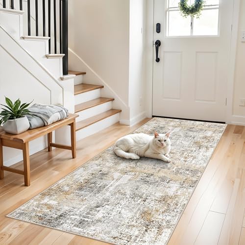 3x7 Washable Non-Slip Kitchen Runner Rug – Modern Abstract Neutral Carpet for Hallway, Entryway, Bedroom, Laundry Room – Low-Pile Thin Wide Floor Runner (Gold Grey by ZHXXUJ