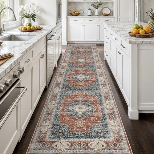 Ksrau 3x12 Runner Rug Washable Vintage: Non Slip Hallway Runners Brick/Blue - Image 2