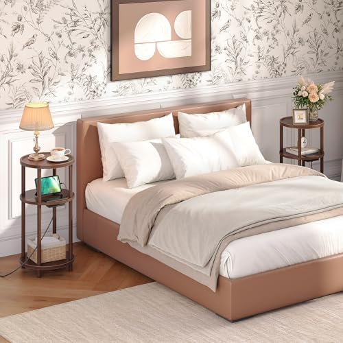 HOOBRO Set of 2 Small Round Side Tables with Charging Station, 3-Tier Round Bamboo End Tables, Compact Sofa Bedside Tables, Easy Assembly, for Living Room, Bedroom, Apartment, Mocha MA152UBZP201 - Image 5