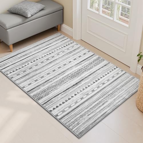 Small Area Rug-2x3 Entryway Rug Non Slip Washable Low Pile Indoor Door Mat Neutral Distressed Boho Moroccan Entrance Rugs Carpet for Bedroom Kitchen Powder Room Front Porch Bathroom, Black by Tchdio