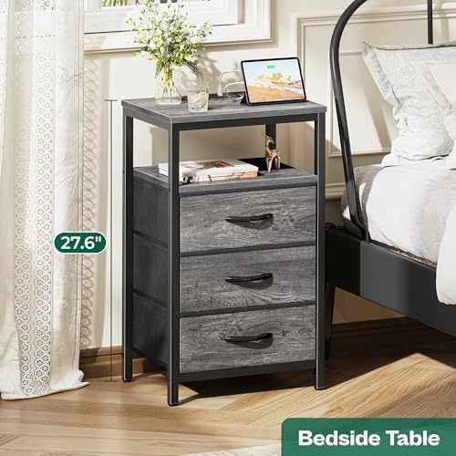Huuger Nightstand with Charging Station, 27.6 Inch Bedside Table,Side Table - Image 3