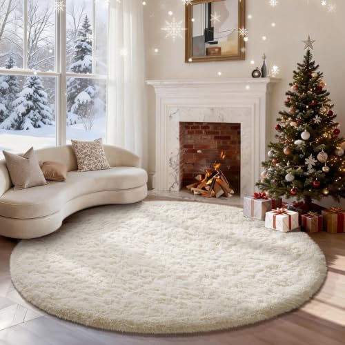 Ophanie Round Rugs 6Ft Ivory Circle Area Rug, Aesthetic Room Decor, Fluffy Fuzzy Bedroom Carpet, Plush Soft Shaggy Cream Living Room Rugs for Kids Home Decor, Nursery with Over 99 pcs Pile fibers by Ophanie
