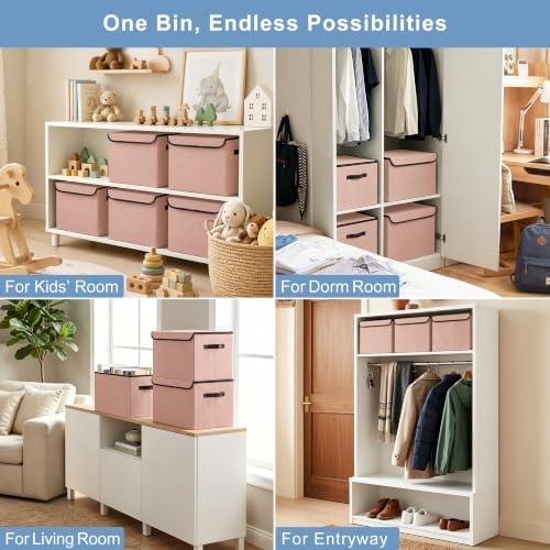 Bagnizer Linen Fabric Foldable Storage Cube Bin Organizer Basket with Flip-Top Lid & Handles, Large Clothes Blanket Box for Home, Office, Closet, Pink, 4 Pack 14.6 x 9.5 x 9.5” - Image 4