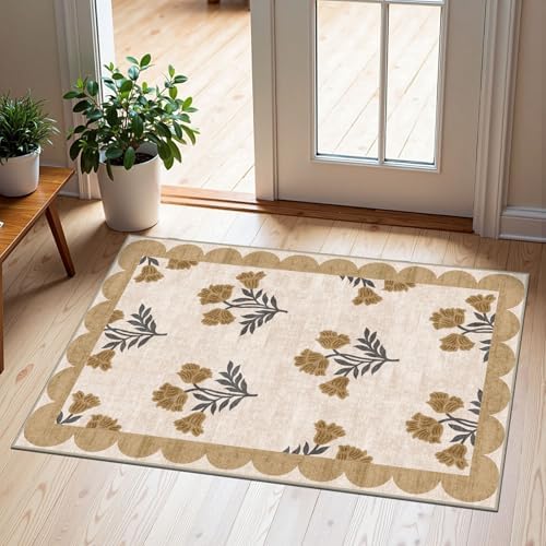 Front Door Mat Outside Entrance - 2x3 Spring Beige Floral Entry Rug by Othilic