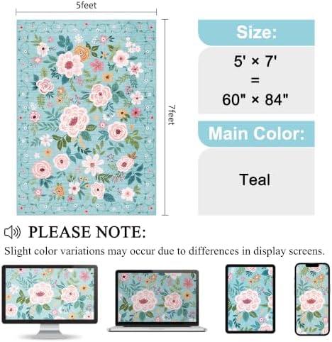 DUKINO 5x7 Area Rugs, Floral Washable Rug for Living Room Non Slip, Teal - Image 2