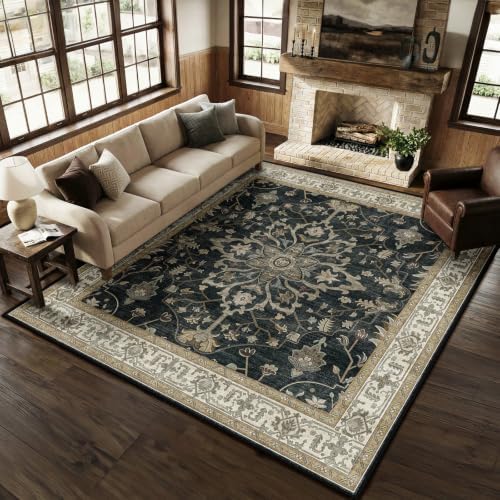 RELEANY Washable Area Rug, Square 8'x8', Black/Vintage/Beige by RELEANY