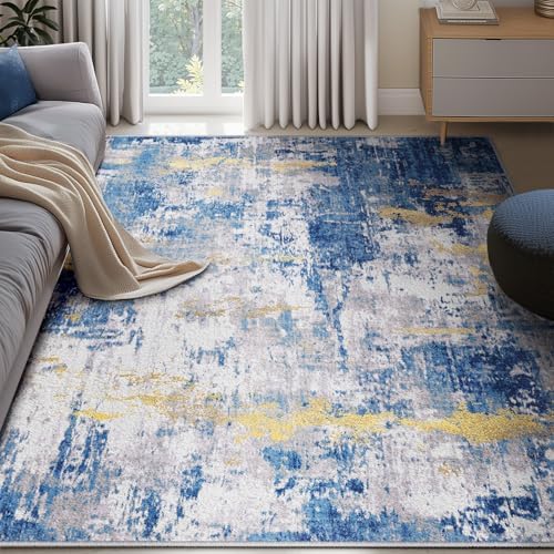 RELEANY Washable 6'x9' Abstract Area Rug for Living Room Blue Gold - Image 2