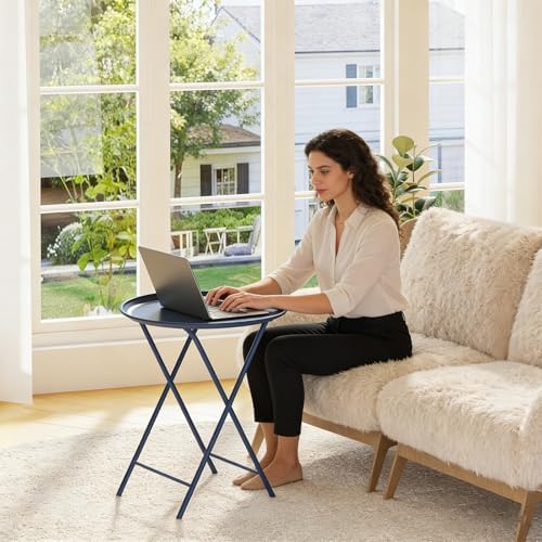 Garden 4 you Folding TV Tray Table, Metal Round Side Table, Blue Dinner Table with Metal Frame, Modern Outdoor Tray Table for Living Room, Bedroom, Patio & Small Spaces, 2 Packs - Image 4