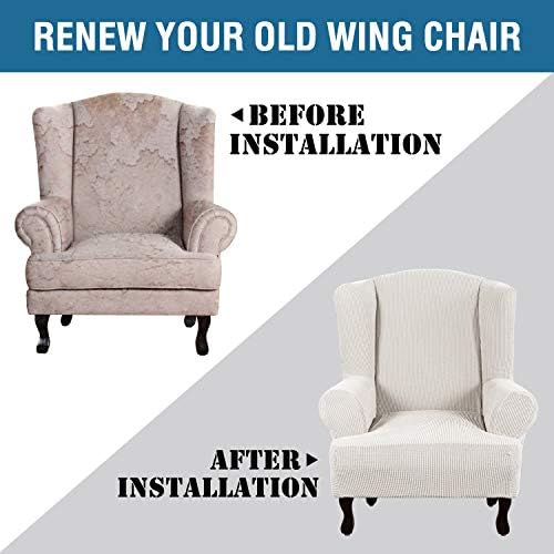 H.VERSAILTEX Wing Chair Slipcover Chair Covers for Wingback Chairs Wingback Chair Covers Slipcovers 1 Piece Stretch Sofa Cover Furniture Protector Soft Spandex Jacquard Checked Pattern, Ivory - Image 4