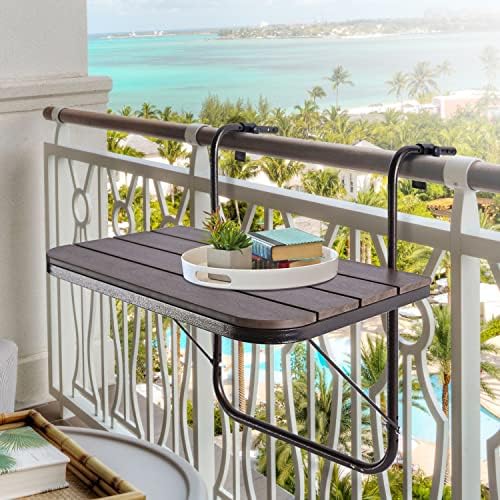 Balcony Railing Table Outdoor Hanging Folding Brown Aluminium Metal Side Table Adjustable 23.6"L x 15.7"W by PatioNovagarden