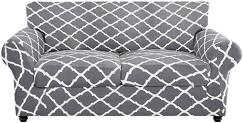 SearchI Stretch Sofa Cover Printed Couch Cover, Floral Pattern 3 Pieces Loveseat Slipcover with 2 Separate Cushion Cover, Washable Furniture Protector for Living Room(Loveseat, Gray+White) by SearchI