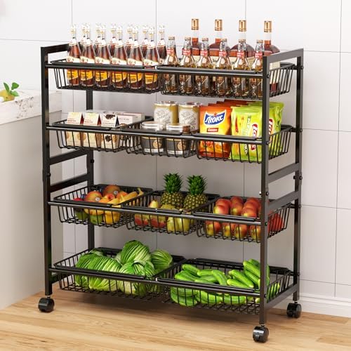 Cinati 4-Tier Snack Cart with Wheels, 29''W Toy Storage Organizer, Rolling Pantry Storage Cart with 10 Wire Baskets & Handle,Adjustable Metal Snack Rack, Kitchen Organizer for Fruit, Vegetables(Black) by Cinati
