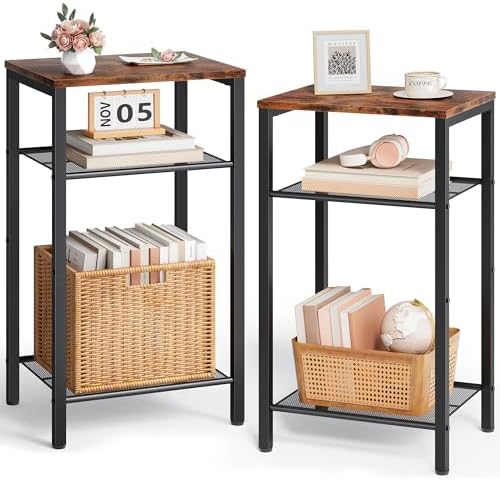 Hoctieon 2-Set 3 Tier End Table, Telephone Table Set of 2, Tall Side Table with Storage Set of 2, Small Nightstand for Small Spaces, Metal Frame, for Living Room, Bedroom, Sofa Couch, Rustic Brown by Hoctieon