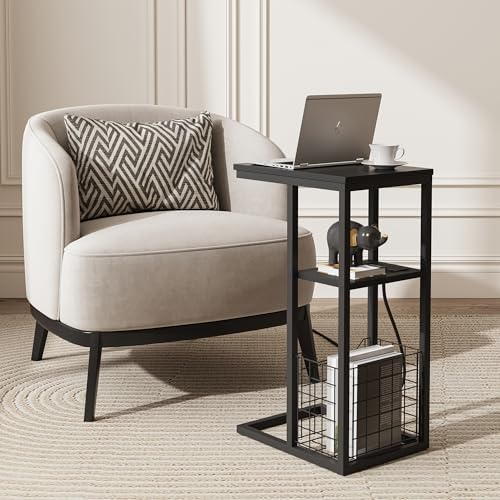 Vagusicc C Shaped End Table with Charging Station, Side Table for Couch, Small Side End Table for Small Spaces, 28" High Slide Under Sofa Table for Coffee, Tv Tray Table for Living Room, Black - Image 7