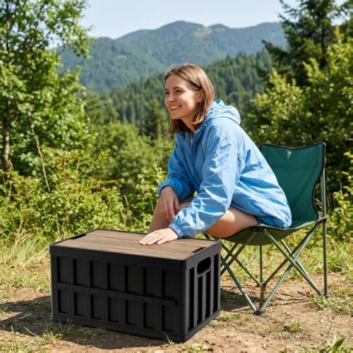 2 Pack 50L Black Storage Crate Wooden Lid Foldable Stackable Bin for Garage RV Car Camping - Image 4