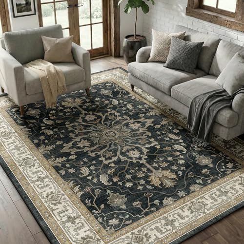 RELEANY Washable Area Rug, 5'x8', Black/Vintage/Beige by RELEANY