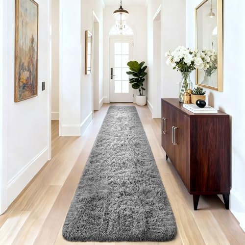 Ophanie 2x10 Runner Rug for Hallway,Upgrade Non-Slip Fluffy Soft Bedside Rugs,Bedroom Living Room Grey Shaggy Gray Carpet for Kids Girls Boys Dorm Nursery Decor Aesthetic with Over 99 pcs Pile fibers - Image 6