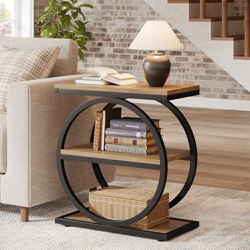 Tribesigns Side End Table with 3 Storage Shelves, Industrial Sofa Table with Round Metal Frame for Living Room, Engineered Wood Nightstand for Bedroom, Oak - Image 3