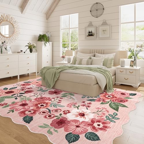 DUKINO 5x7 Area Rugs for Bedroom, Floral Washable Rug Non Slip, Pink - Image 3