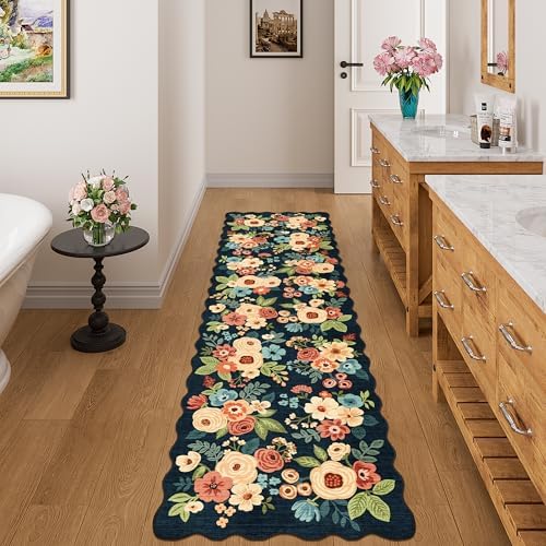 DUKINO 2x7 Runner Rug for Hallway, Floral Washable Kitchen Rug, Navy Blue - Image 4
