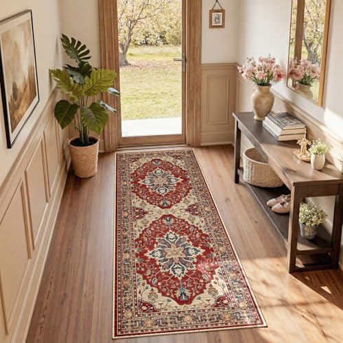 RELEANY Washable Area Rug, Runner 2'x5', Red/Blue by RELEANY
