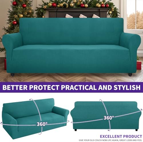 ZNSAYOTX Super Stretch Couch Cover (72"-92") Universal Sofa Covers with Elastic Bottom, Dog Cat Pets Friendly Washable Furniture Protector Fitted Sofa Slipcovers Stay in Place (Peacock Teal, Sofa) - Image 2