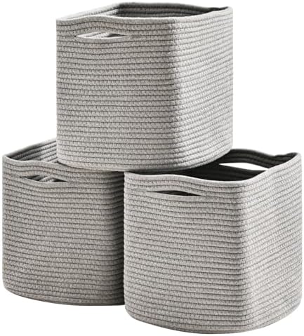 11 Inch Cube Storage Bins, 11x11 Organizer Bins for Cube Organizer, Square Cloth Storage Cubes, Woven Storage Baskets for Shelves, Toy Rope Baskets Storage Kids, Grey (Pack of 3) by Unknown
