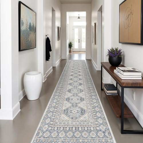 Ksrau 3x14 Runner Rug Washable Vintage: Non Slip Long Hallway Runners Blue - Image 2