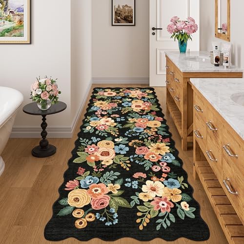 DUKINO 3x8 Kitchen Runner Rug, Soft Floral Washable Rug for Hallway, Black - Image 3