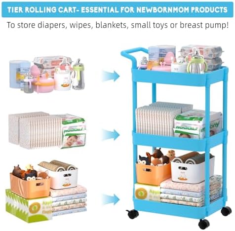 Volnamal Diaper Caddy, 3 Tier Rolling Cart for Baby Essentials, Blue - Image 2