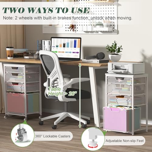 Sbanmao 4 Drawer Rolling File Cart with Wheels, Mobile Filing Cabinet for Home Office, Hanging File Organizer, Under Desk Storage, Multifunctional Utility Cart Printer Stand, White - Image 5