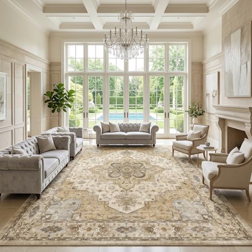 AMADA HOMEFURNISHING 9x12 Area Rug for Living Room,Vintage Washable Area Rug Low-Pile & Non-Slip Carpet for Bedroom Dining Room Nursery Home Office, Beige/Cream by AMADAHOMEFURNISHING