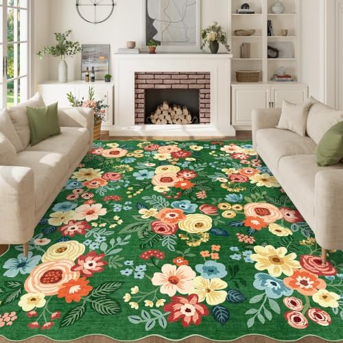 DUKINO 8x10 Area Rug for Living Room, Soft Floral Washable Rug, Dark Green by DUKINO