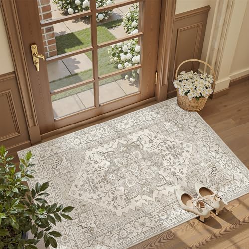 Madane Washable Entry Rug 3x4 Area Rugs for Entryway Kitchen, Beige/Brown by Madane