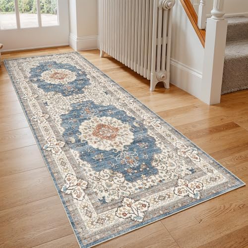 Ksrau 3x6 Runner Rug Washable Vintage: Non Slip Hallway Runners Blue/Beige - Image 2