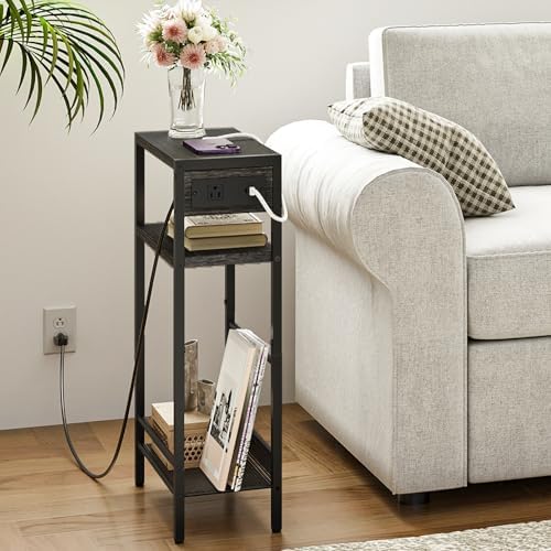 HOOBRO Small Narrow Side Table with Charging Station, Skinny End Table for Small Spaces, Slim Nightstand with USB Ports Outlet, Sofa Beside Table with Storage Shelf, Charcoal Black BC102UBZ01 - Image 5