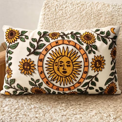 Embroidered Lumbar Pillow Cover 20x12 Inch, Sunflower Moon by Kokaaee