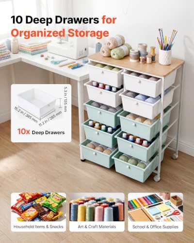 VEVOR Rolling Cart with Drawers, Double Row 10 Drawer Storage Organizer, Mobile Utility Cart, Wood Top, Steel Frame, Universal Casters & 2 Brakes, for Office, Classroom, Craft Room, Studio, Blue White - Image 2