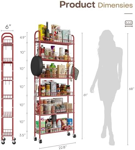 Slim Rolling Storage Cart 6 Tier, Metal Kitchen Rolling Utility Cart with Lockable Wheels for Kitchen, Bathroom, Office, Laundry Room, Small Narrow Spaces (Red 6 Inches) - Image 5